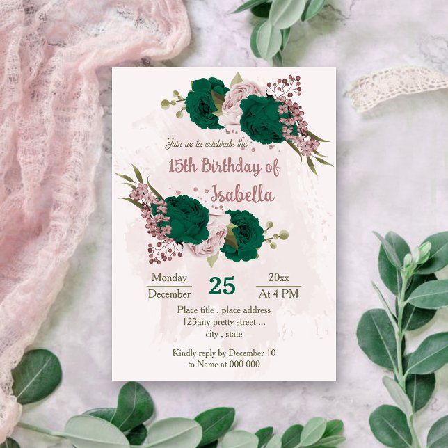 smaragdgrün rosa Blume botanischer Geburtstag Einladung (Von Creator hochgeladen)