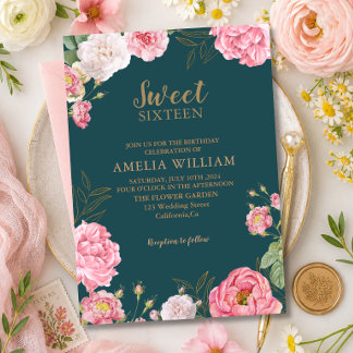 Smaragdgrün Rosa Florale Sweet 16 Geburtstagsfeier Einladung