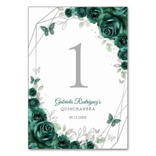 Smaragdgrün Silber Floral Quinceanera Tischnummer