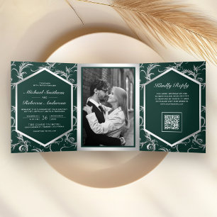 Smaragdgrün Silber Schwung QR Code Hochzeit Dreifach Gefaltete Einladung