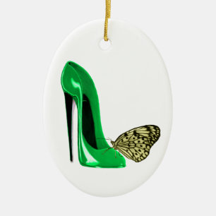 Smaragdgrün-Stilett-Schuh und gelber Schmetterlin Keramikornament