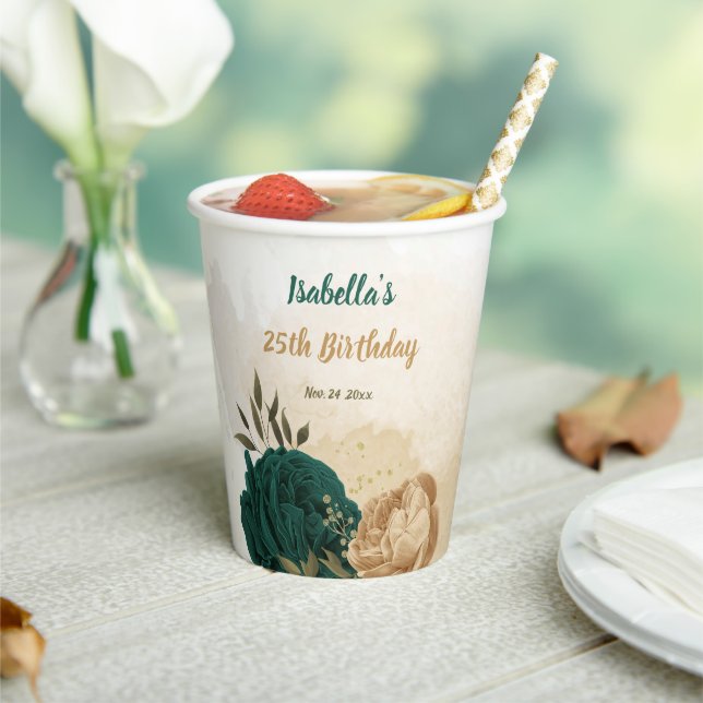 Smaragdgrün und beige goldene Blume Pappbecher (In Situ)