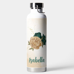 Smaragdgrün und beige goldene Blume Trinkflasche