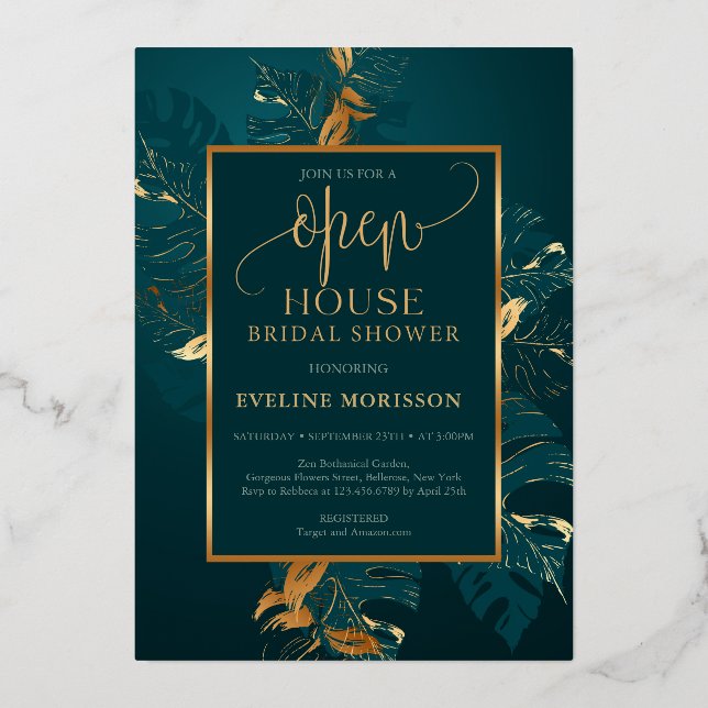 Smaragdgrün und echtes Goldfolie offenes Haus Folieneinladung (Vorderseite)