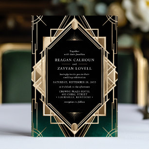 Smaragdgrün und Gold Art Deco Geometrische Hochzei Einladung