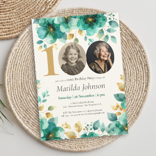Smaragdgrün und Gold Blumen 100. Geburtstag Einladung