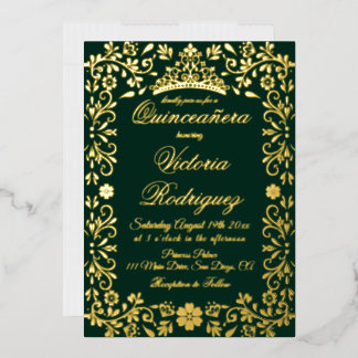 Smaragdgrün und Gold Quinceañera Blumen Folieneinladung