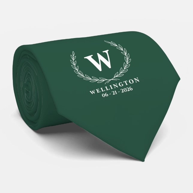 Smaragdgrün Weiße Lorbeer-Monogramm-Hochzeitsname Krawatte (Gerollt)
