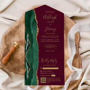 Smaragdgrüne Achat-Gold-Burgunder QR-Code-Hochzeit All In One Einladung
