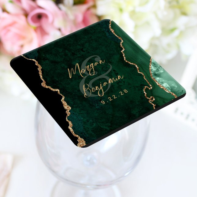 Smaragdgrüne Achat-Gold-Schrift Hochzeit Rechteckiger Pappuntersetzer (Von Creator hochgeladen)