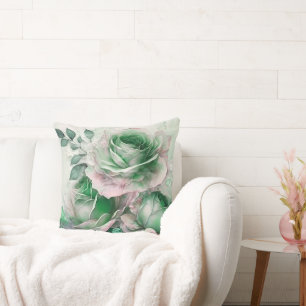 Smaragdgrüne Aquarell-Rose vergrößert Kissen