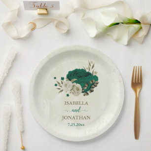 smaragdgrüne beige Blumen Hochzeit Pappteller