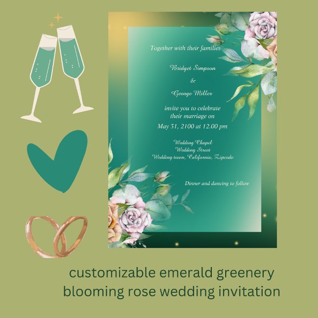 smaragdgrüne blühende Rose Hochzeit Einladung (customizable emerald greenery blooming rose wedding invitation by wedding Hobinishop)