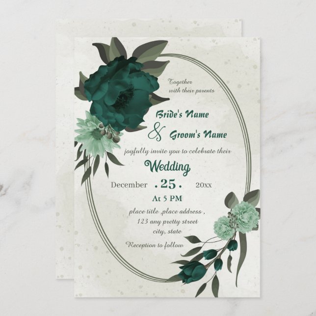 smaragdgrüne Blume botanische geometrische Hochzei Einladung (Vorne/Hinten)
