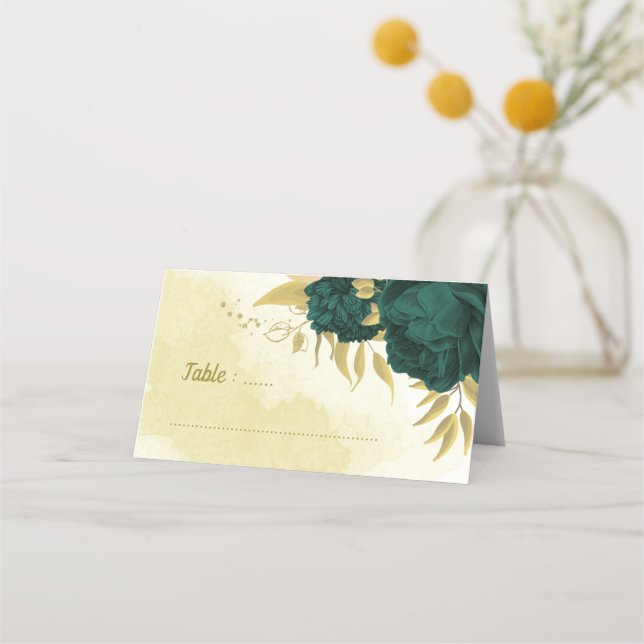 Smaragdgrüne Blume Gold-Blätter Platzkarte (Vorderseite)