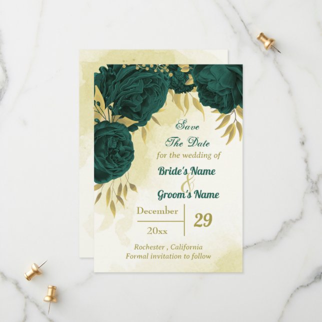 Smaragdgrüne Blume Gold-Blätter Save The Date (Vorderseite/Rückseite Beispiel)