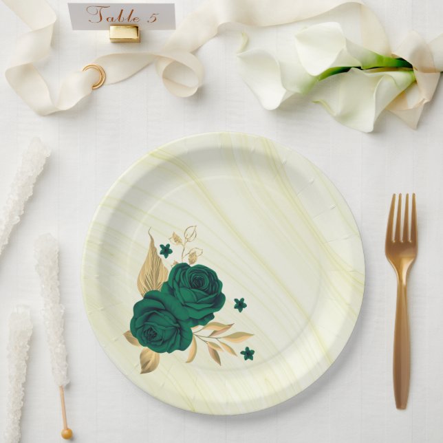 smaragdgrüne Blume goldene Blätter Marmor Pappteller (Hochzeit)