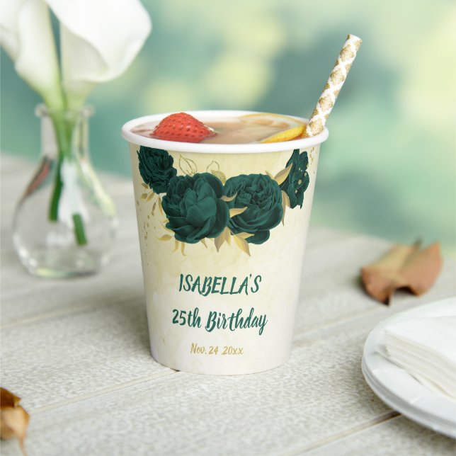 smaragdgrüne Blume und goldene Blätter Pappbecher (In Situ)