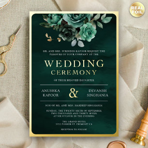 Smaragdgrüne Blumen-Foto Indische Hochzeit Gold Folieneinladung