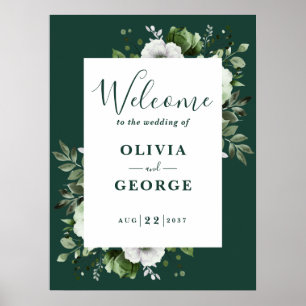 Smaragdgrüne Blumen-Hochzeit-Empfangsschild Poster
