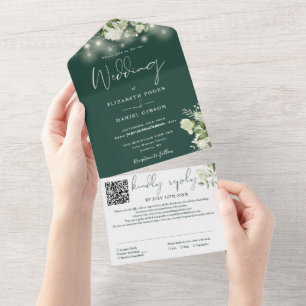 Smaragdgrüne Blumen-Lichterkette QR-Code Hochzeit All In One Einladung
