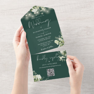 Smaragdgrüne Blumen-Lichterkette QR-Code Hochzeit All In One Einladung