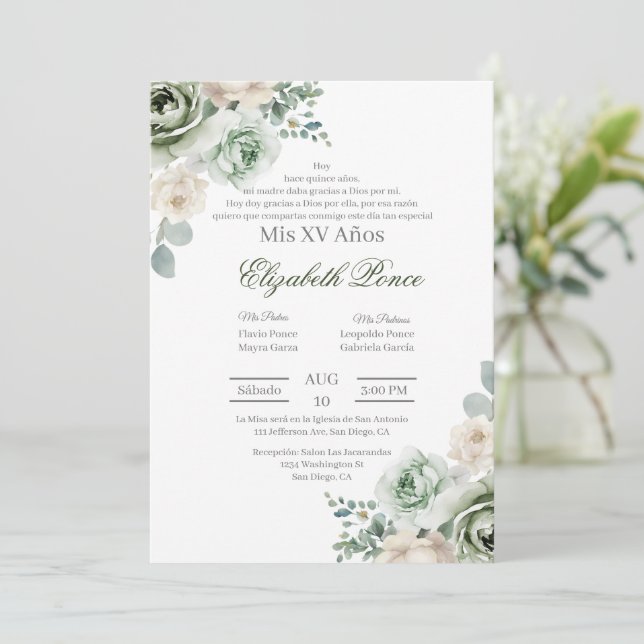 Smaragdgrüne Blüte Quinceañera Einladung (Stehend Vorderseite)