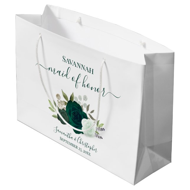 Smaragdgrüne Boho-Rosen Brautjungfer Große Geschenktüte (Rückseite Schrägansicht)