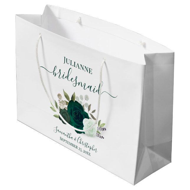 Smaragdgrüne Boho-Rosen Hochzeitsbrautjungfer Große Geschenktüte (Rückseite Schrägansicht)