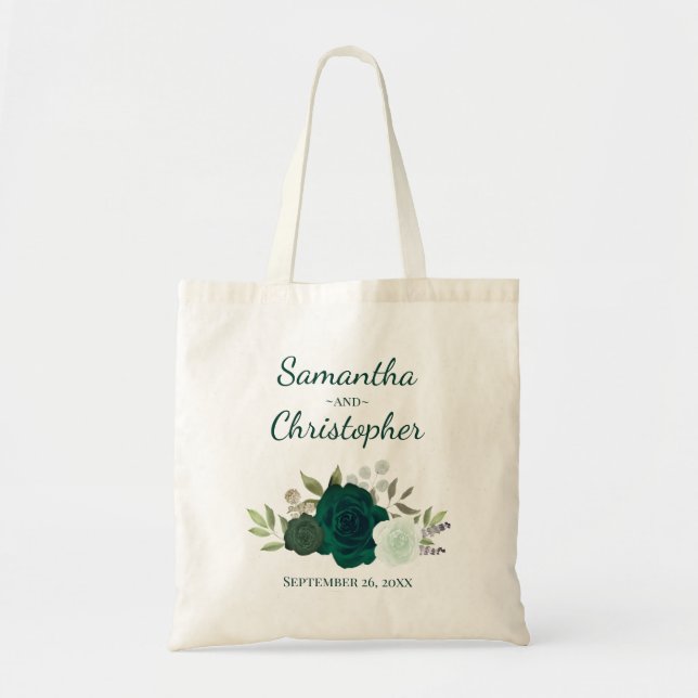 Smaragdgrüne Boho-Rosen Paarnamen Hochzeit Tragetasche (Vorne)