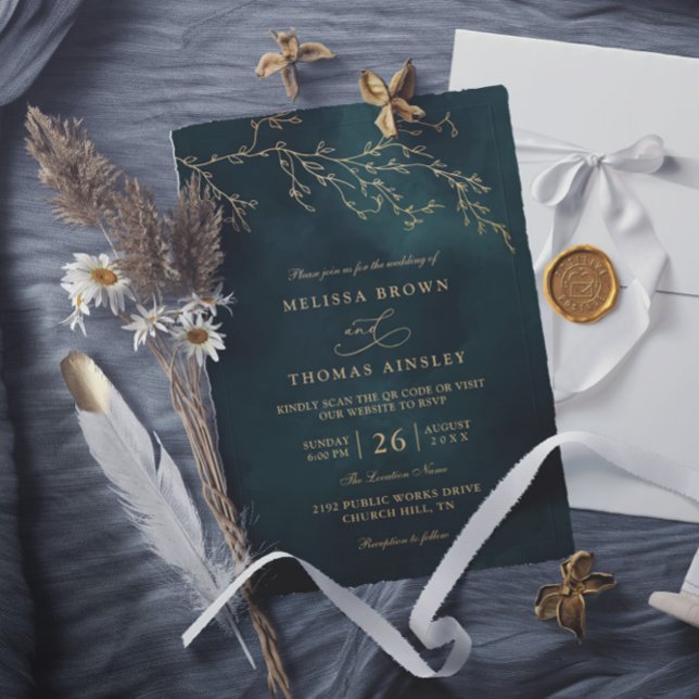Smaragdgrüne Botanische Elegante QR-Code-Hochzeit Einladung (Von Creator hochgeladen)