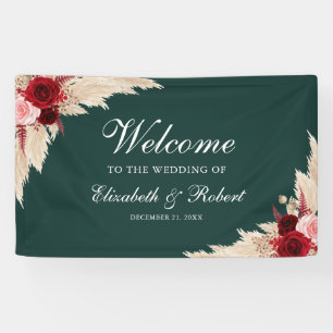 Smaragdgrüne Burgunderrosen Willkommen Hochzeit Banner