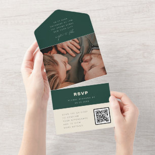 Smaragdgrüne einfache Hochzeitsfoto-QR-Code-RSVP All In One Einladung