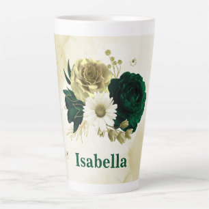 Smaragdgrüne Elfenbeingold-Blumenmonogramm Milchtasse