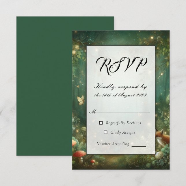 Smaragdgrüne Enchanted Forest Hochzeit RSVP Karte (Vorne/Hinten)