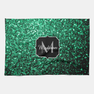 Smaragdgrüne falsche Glitter-Funken Monogramm Geschirrtuch
