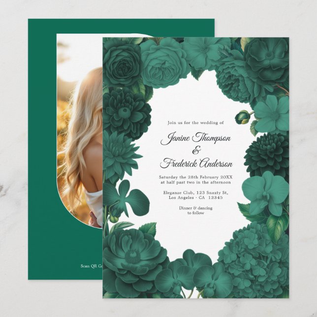 Smaragdgrüne florale Foto- und QR-Code-Hochzeit Einladung (Vorne/Hinten)