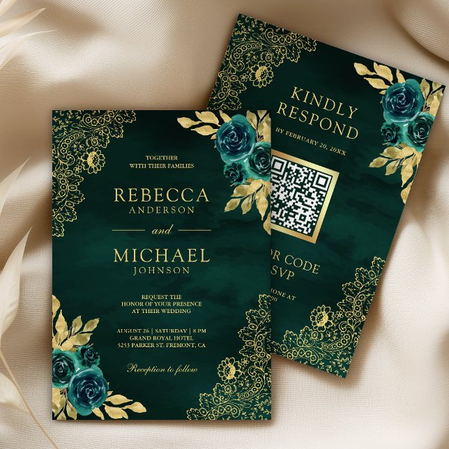 Smaragdgrüne Florale Goldspitze QR-Code Hochzeit Einladung (Von Creator hochgeladen)