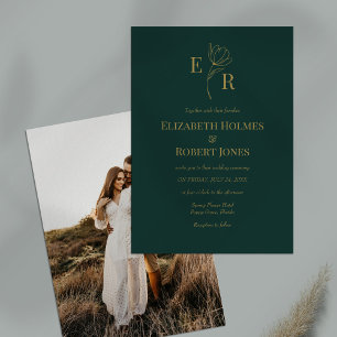 Smaragdgrüne Florale Monogramm-Foto-Hochzeit  Einladung