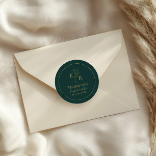 Smaragdgrüne Florale Monogramm Hochzeits-Dankeschö Runder Aufkleber