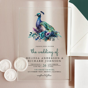 Smaragdgrüne florale Pfauenhochzeit Acryleinladungen