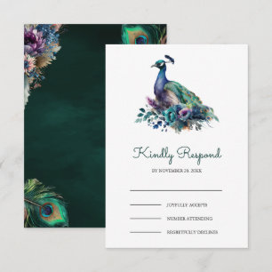Smaragdgrüne florale Pfauenhochzeit RSVP Karte