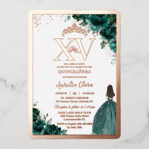 Smaragdgrüne Florale Quinceañera 15 XV Rosen-Gold Folieneinladung