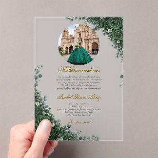 Smaragdgrüne florale Quinceanera mit Bild Acryleinladungen