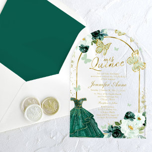 Smaragdgrüne Florale Schmetterling Quinceañera  Acryleinladungen