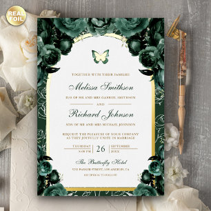 Smaragdgrüne florale Schmetterlings-Hochzeit Gold Folieneinladung