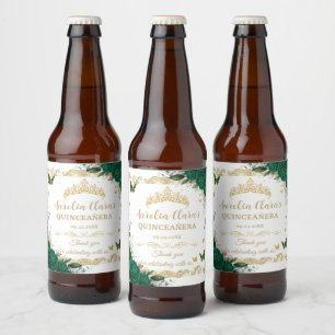 Smaragdgrüne Florale Vintage-Gold-Quinceañera Bierflaschenetikett