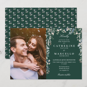 Smaragdgrüne Florale Wildblumen Foto-Hochzeit Einladung