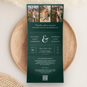 Smaragdgrüne Foto-Collage-QR-Code-Hochzeit Dreifach Gefaltete Einladung