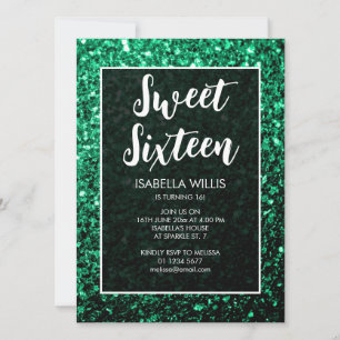 Smaragdgrüne Glitzern Sweet 16 elegante Schrift Einladung